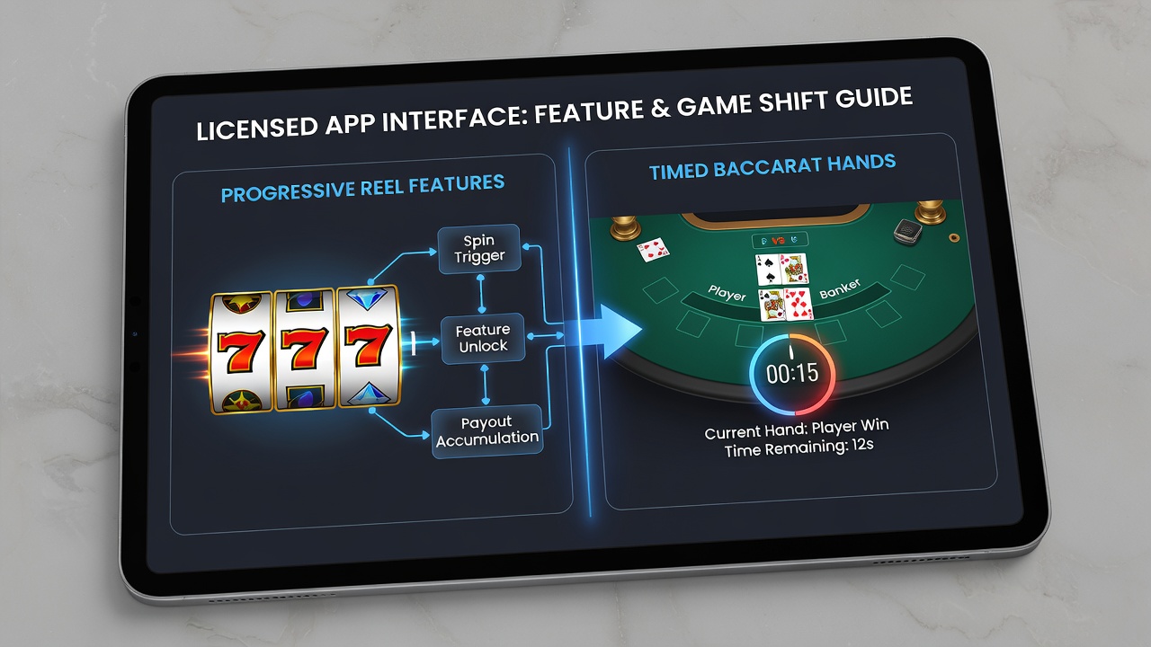 Detailansicht einer App-Oberfläche mit Timer für Baccarat und progressiven Reel-Anzeigen